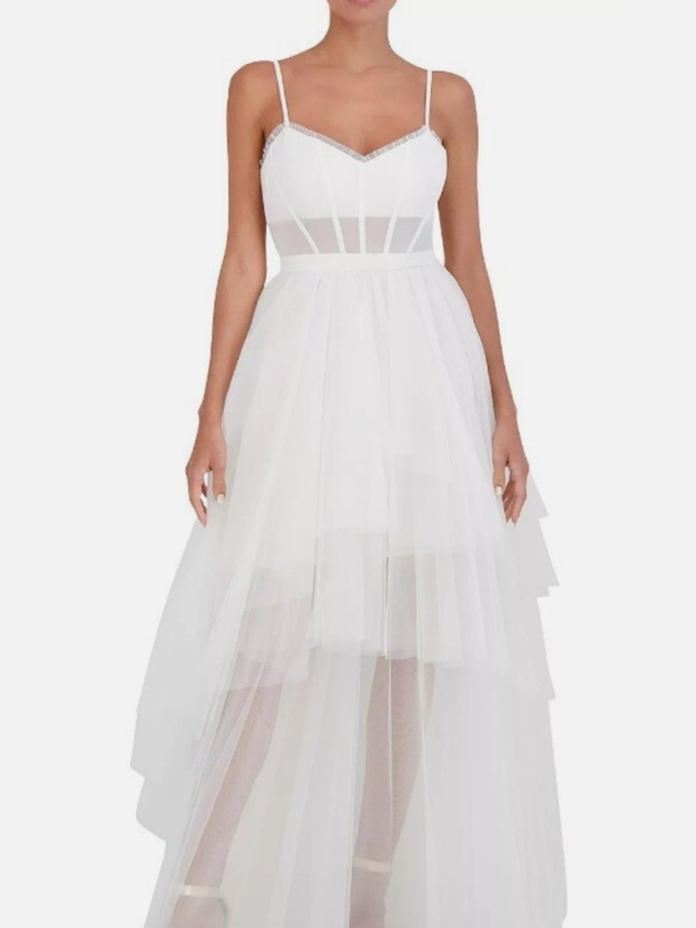 BCBGMaxAzria White High-Low Tulle Spaghetti Strap Dress